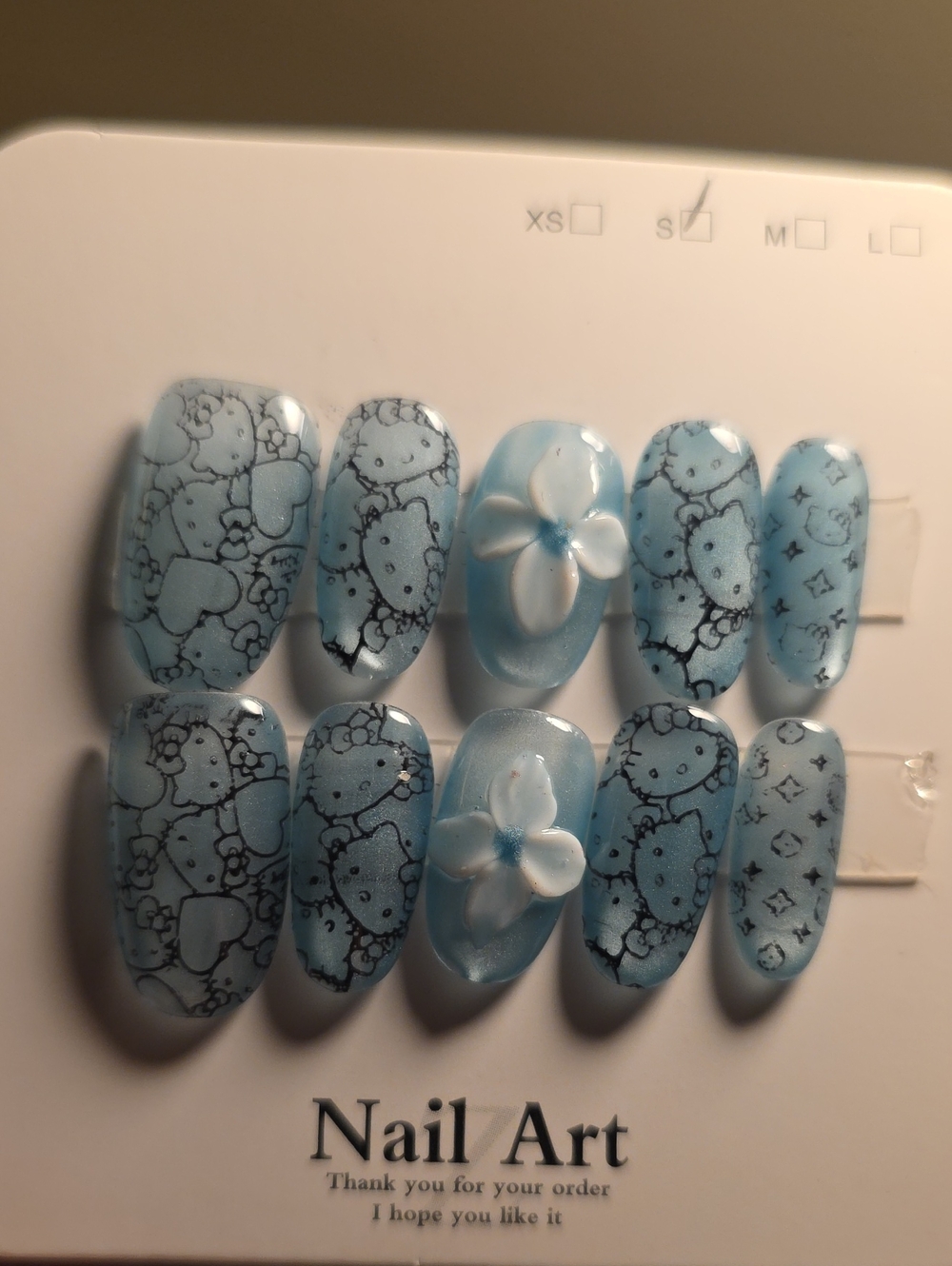 Hello Kitty Blue Press-On Nail Set with 3D Flower Accent Size Small